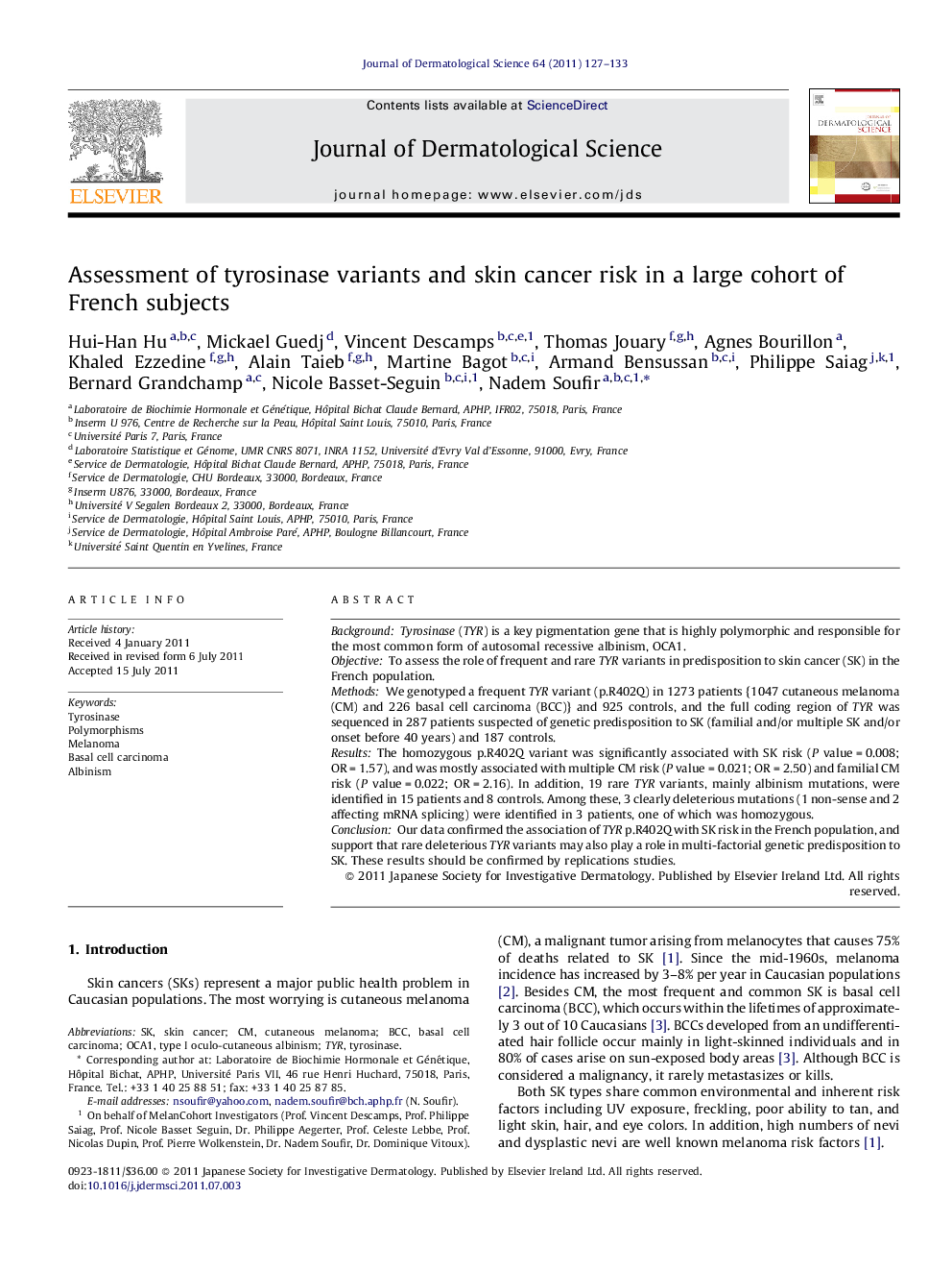 Assessment of tyrosinase variants and skin cancer risk in a large cohort of French subjects