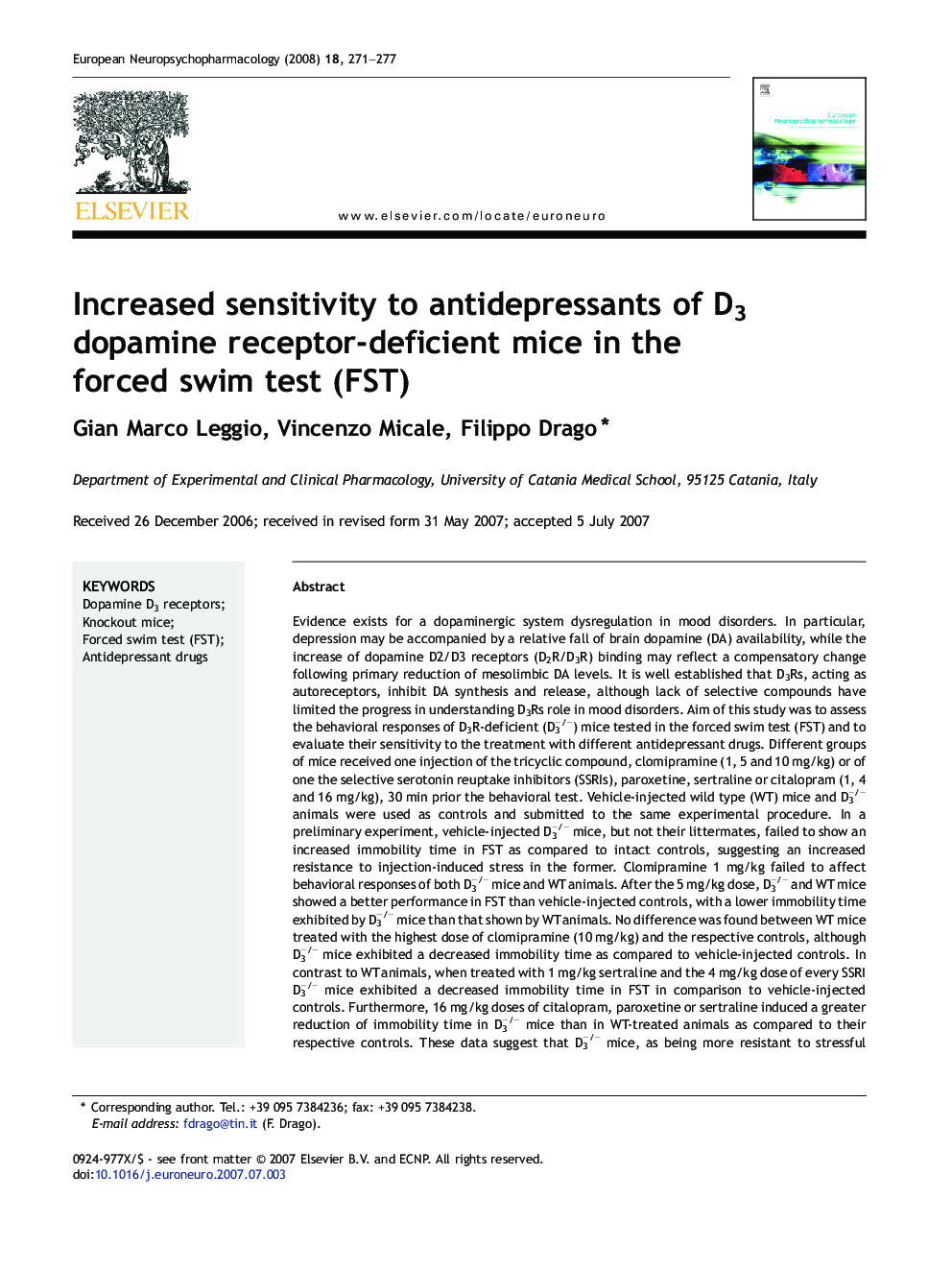 Increased sensitivity to antidepressants of D3 dopamine receptor-deficient mice in the forced swim test (FST)