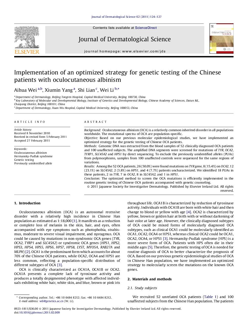 Implementation of an optimized strategy for genetic testing of the Chinese patients with oculocutaneous albinism