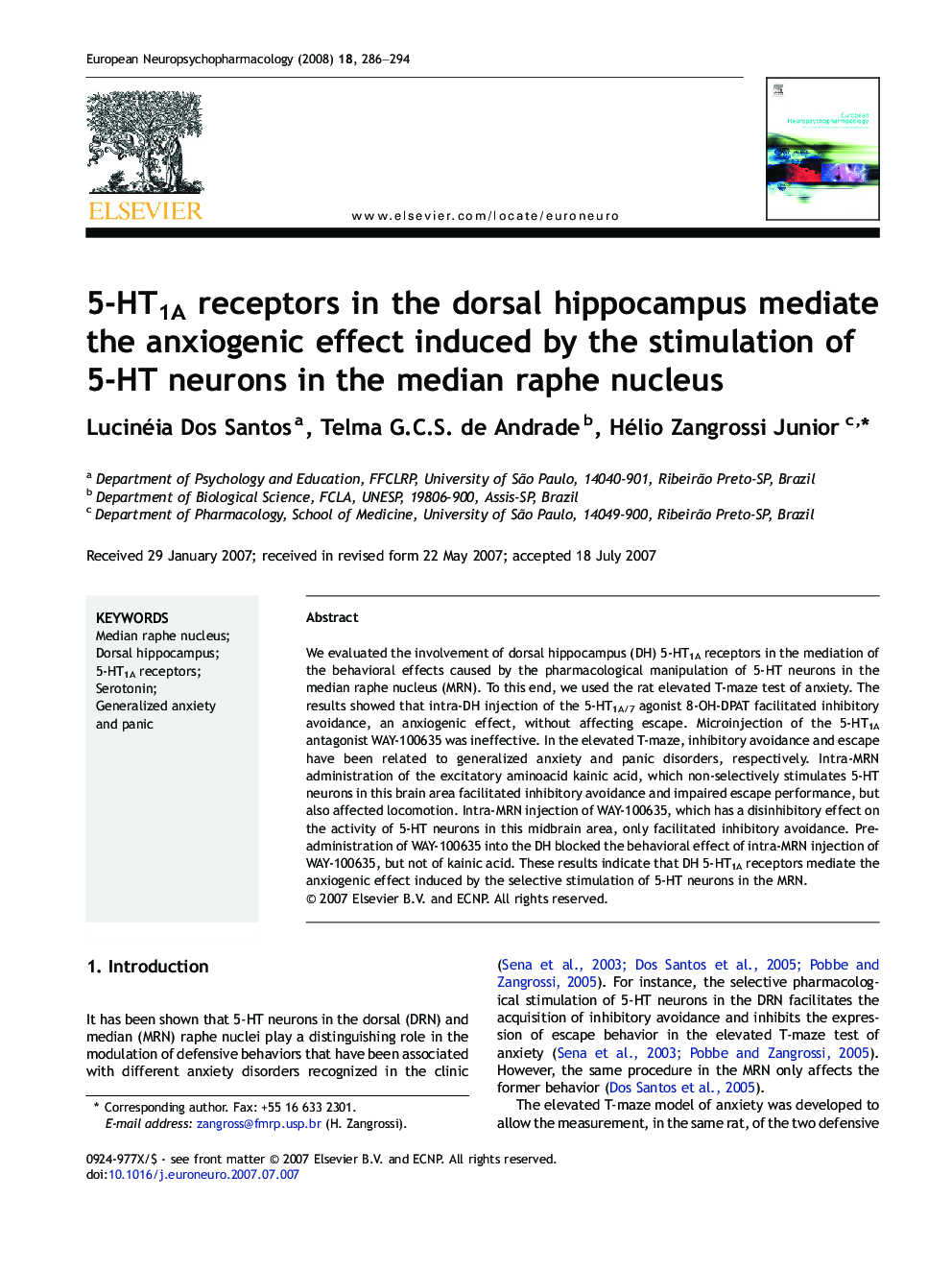 5-HT1A receptors in the dorsal hippocampus mediate the anxiogenic effect induced by the stimulation of 5-HT neurons in the median raphe nucleus