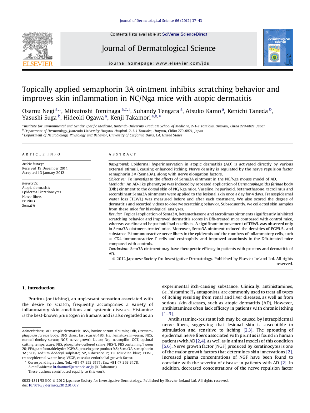 Topically applied semaphorin 3A ointment inhibits scratching behavior and improves skin inflammation in NC/Nga mice with atopic dermatitis