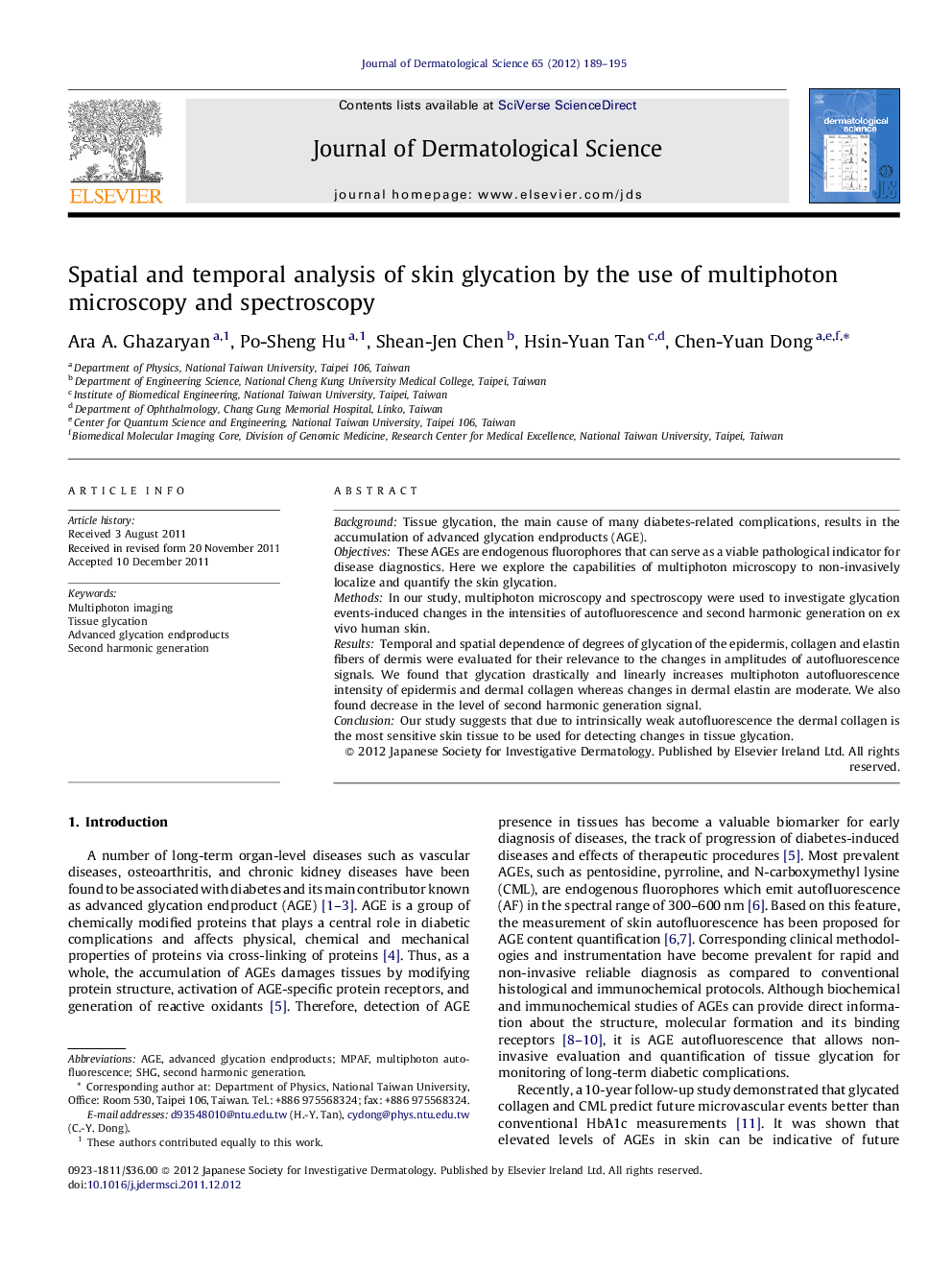 Spatial and temporal analysis of skin glycation by the use of multiphoton microscopy and spectroscopy