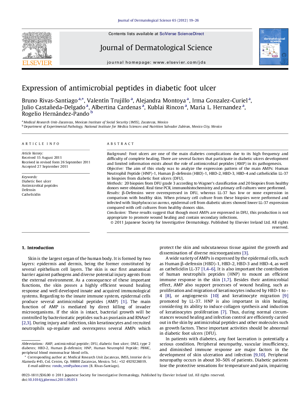 Expression of antimicrobial peptides in diabetic foot ulcer