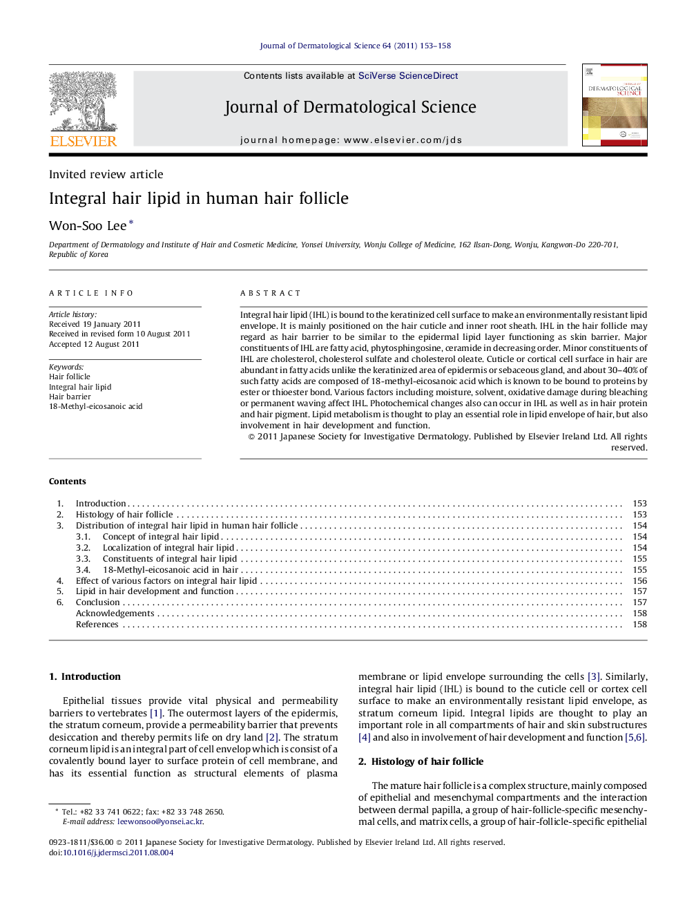 Integral hair lipid in human hair follicle