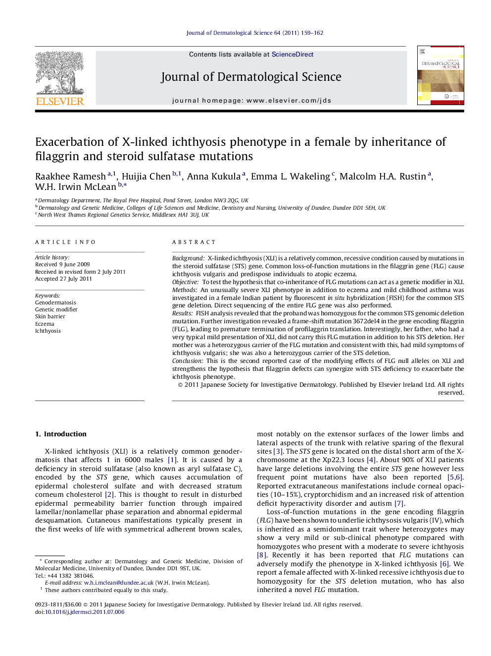 Exacerbation of X-linked ichthyosis phenotype in a female by inheritance of filaggrin and steroid sulfatase mutations