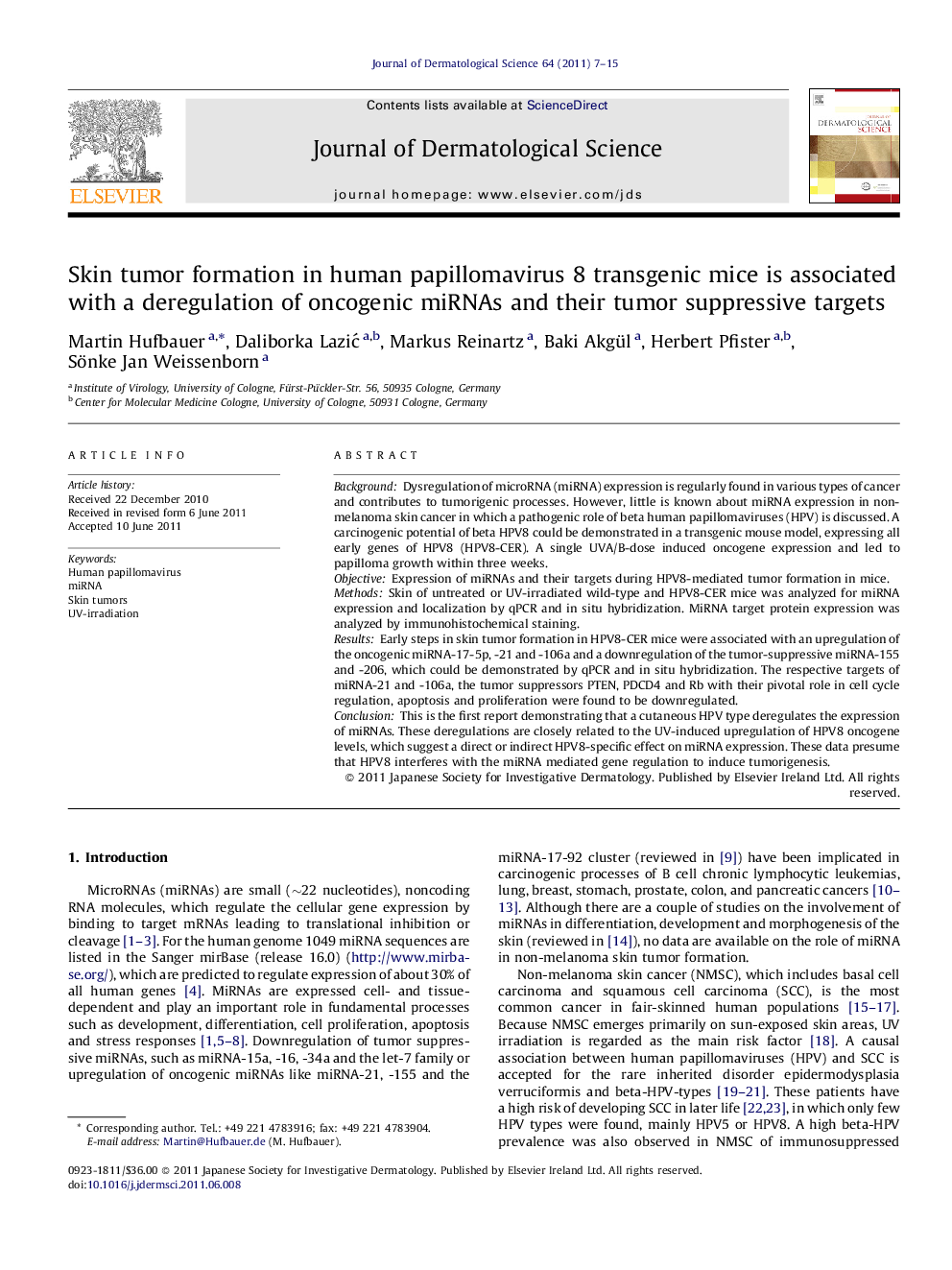 Skin tumor formation in human papillomavirus 8 transgenic mice is associated with a deregulation of oncogenic miRNAs and their tumor suppressive targets