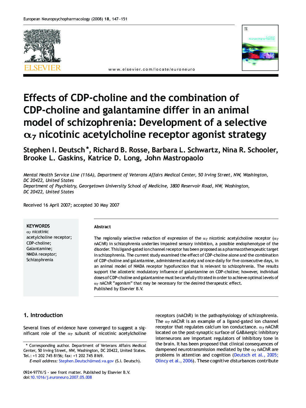 Effects of CDP-choline and the combination of CDP-choline and galantamine differ in an animal model of schizophrenia: Development of a selective α7 nicotinic acetylcholine receptor agonist strategy