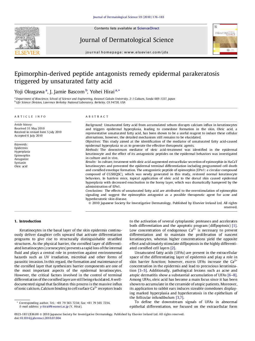 Epimorphin-derived peptide antagonists remedy epidermal parakeratosis triggered by unsaturated fatty acid