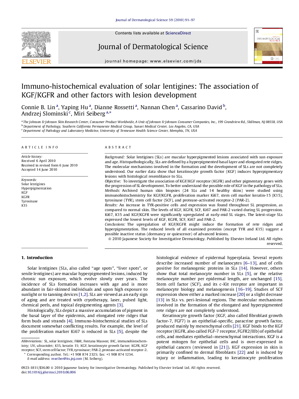 Immuno-histochemical evaluation of solar lentigines: The association of KGF/KGFR and other factors with lesion development