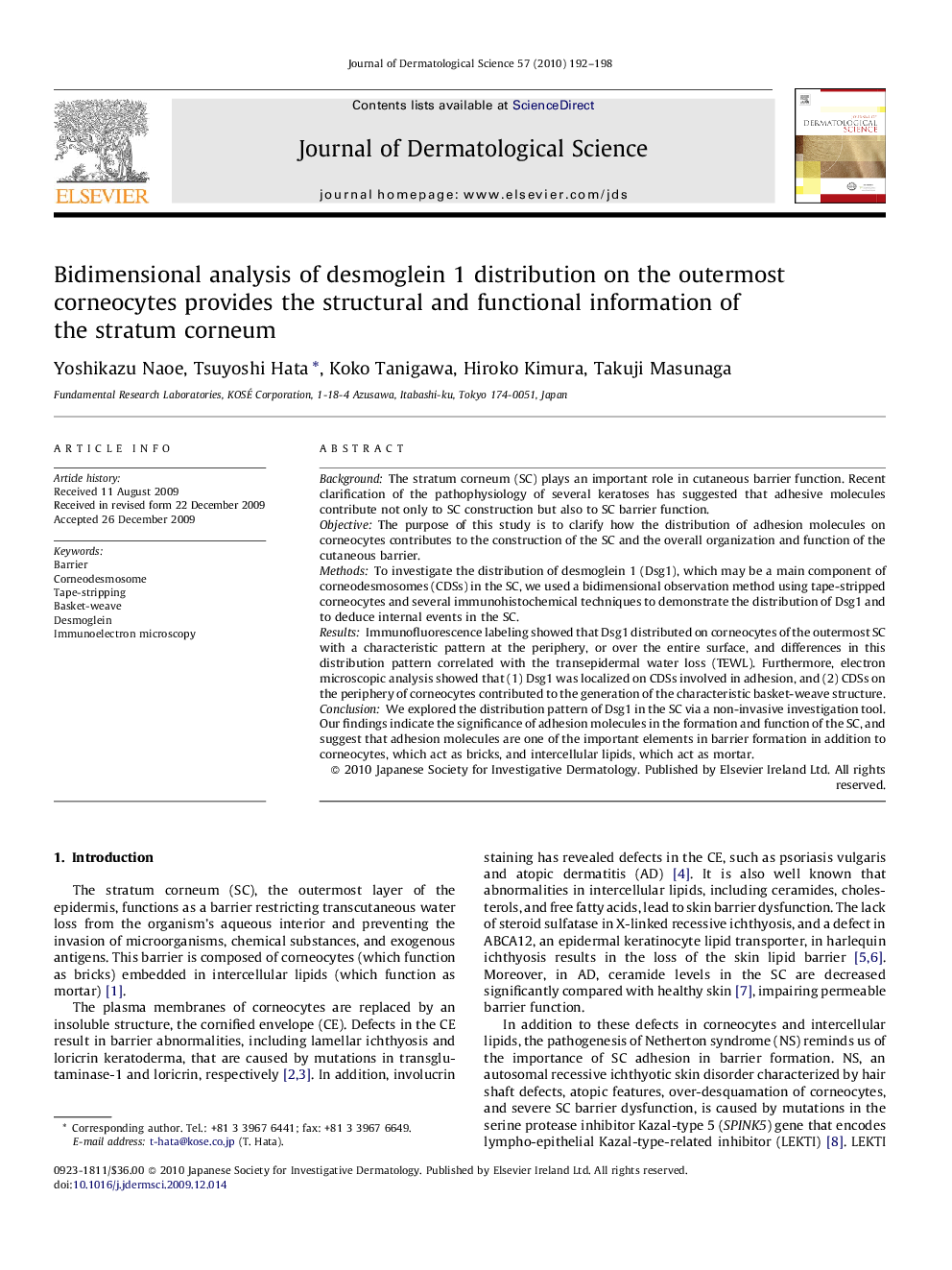 Bidimensional analysis of desmoglein 1 distribution on the outermost corneocytes provides the structural and functional information of the stratum corneum