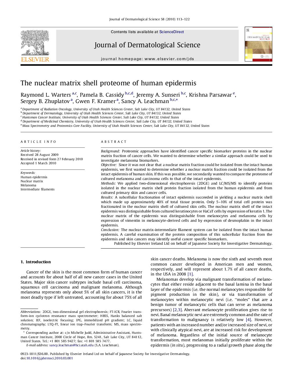 The nuclear matrix shell proteome of human epidermis