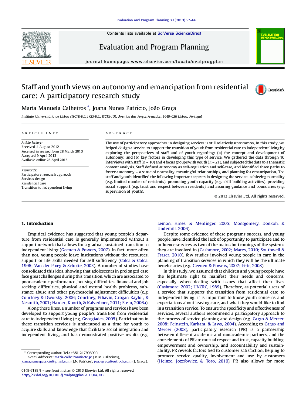 Staff and youth views on autonomy and emancipation from residential care: A participatory research study