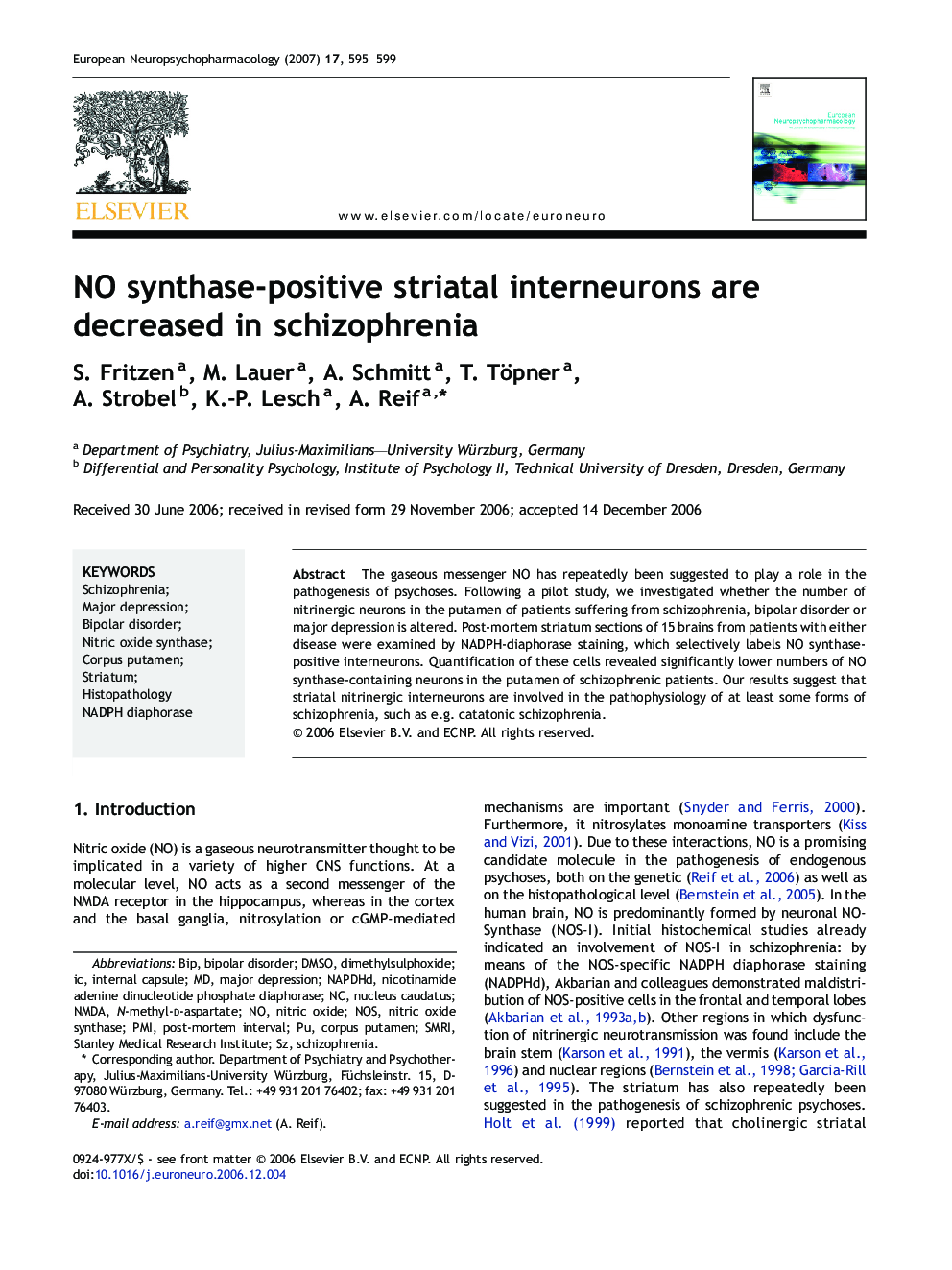 NO synthase-positive striatal interneurons are decreased in schizophrenia