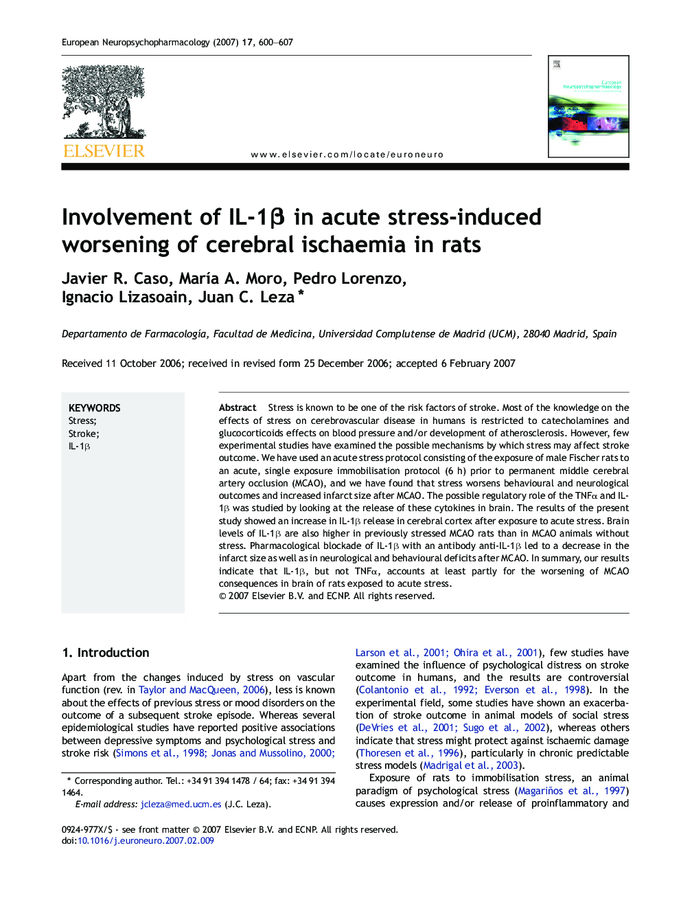 Involvement of IL-1β in acute stress-induced worsening of cerebral ischaemia in rats
