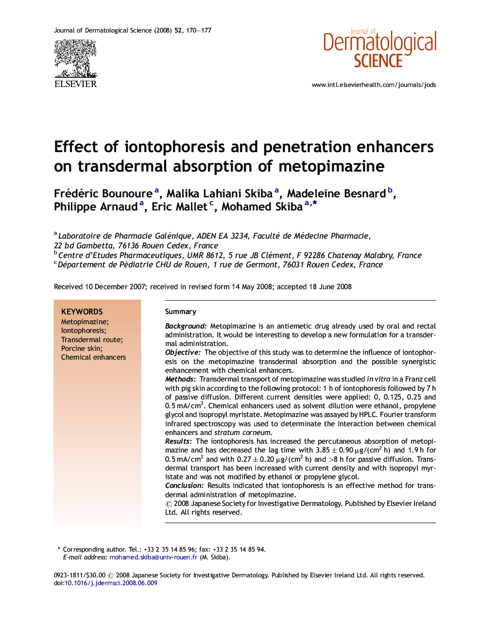 Effect of iontophoresis and penetration enhancers on transdermal absorption of metopimazine