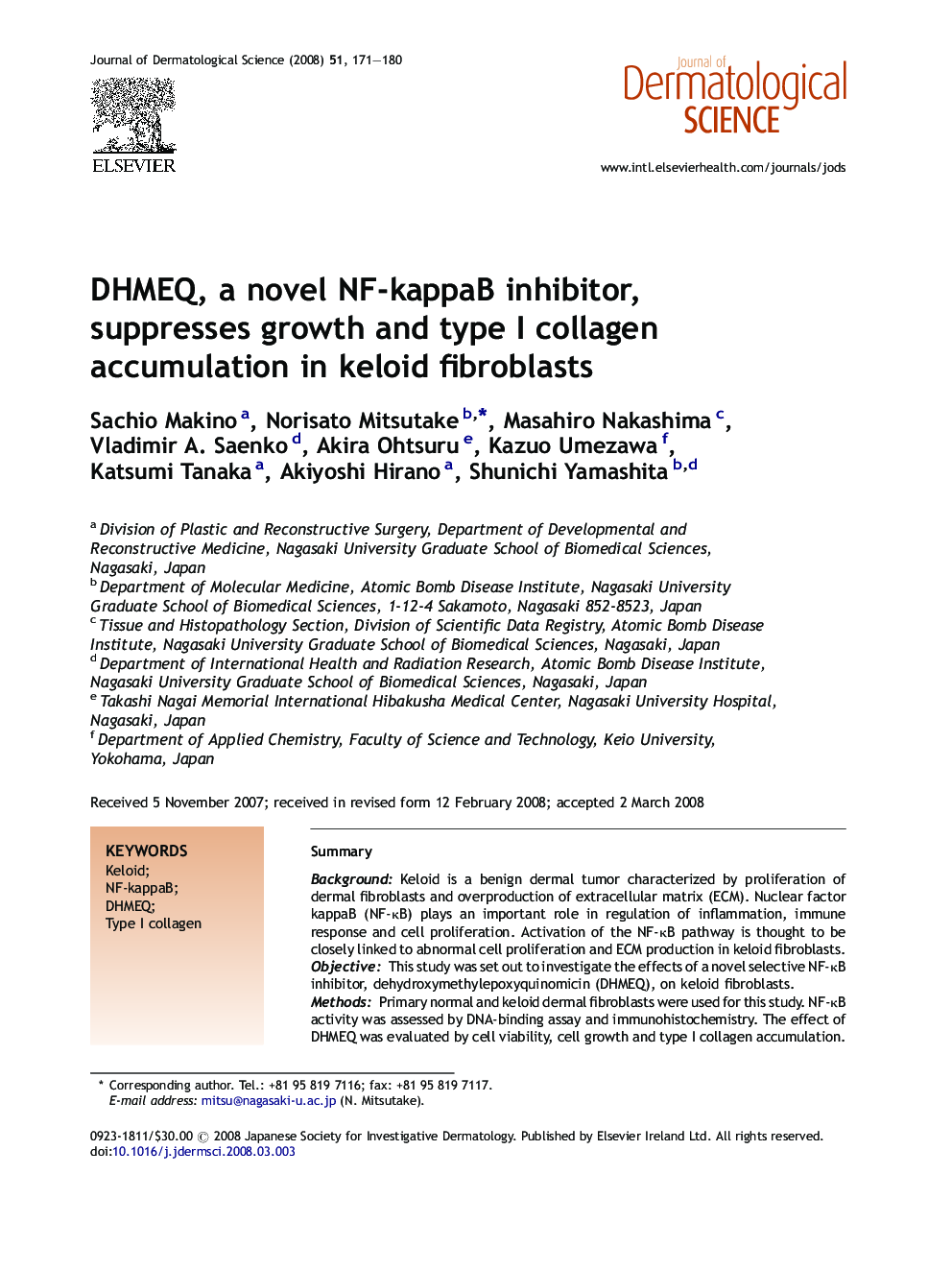 DHMEQ, a novel NF-kappaB inhibitor, suppresses growth and type I collagen accumulation in keloid fibroblasts