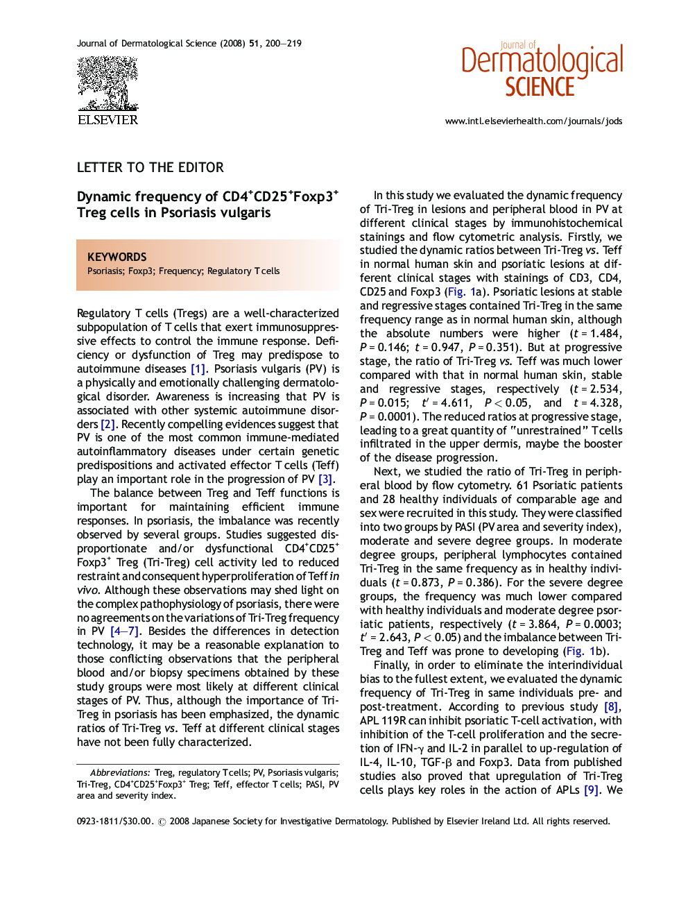 Dynamic frequency of CD4+CD25+Foxp3+ Treg cells in Psoriasis vulgaris