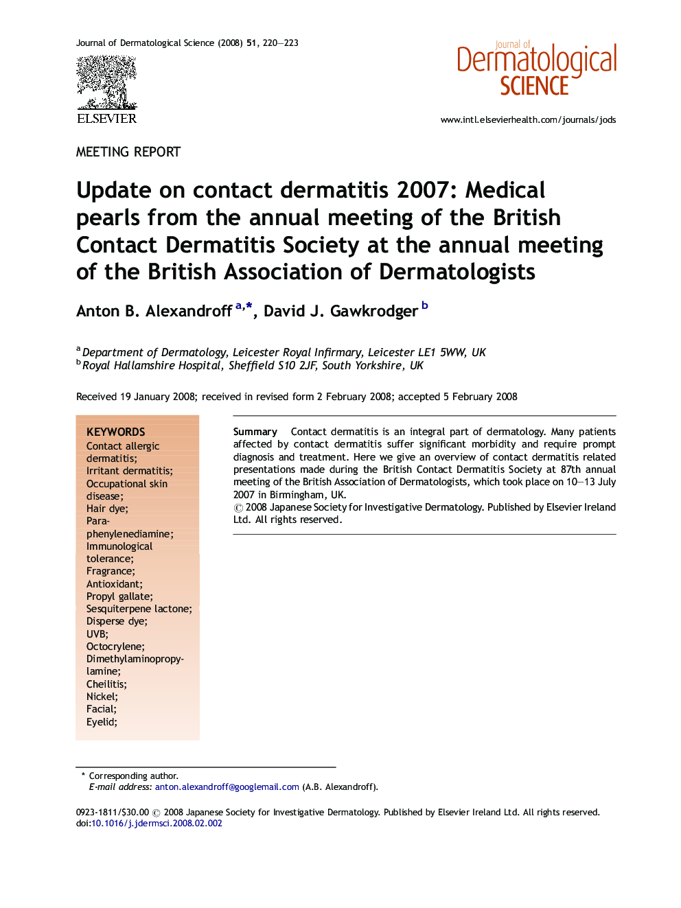 Update on contact dermatitis 2007: Medical pearls from the annual meeting of the British Contact Dermatitis Society at the annual meeting of the British Association of Dermatologists