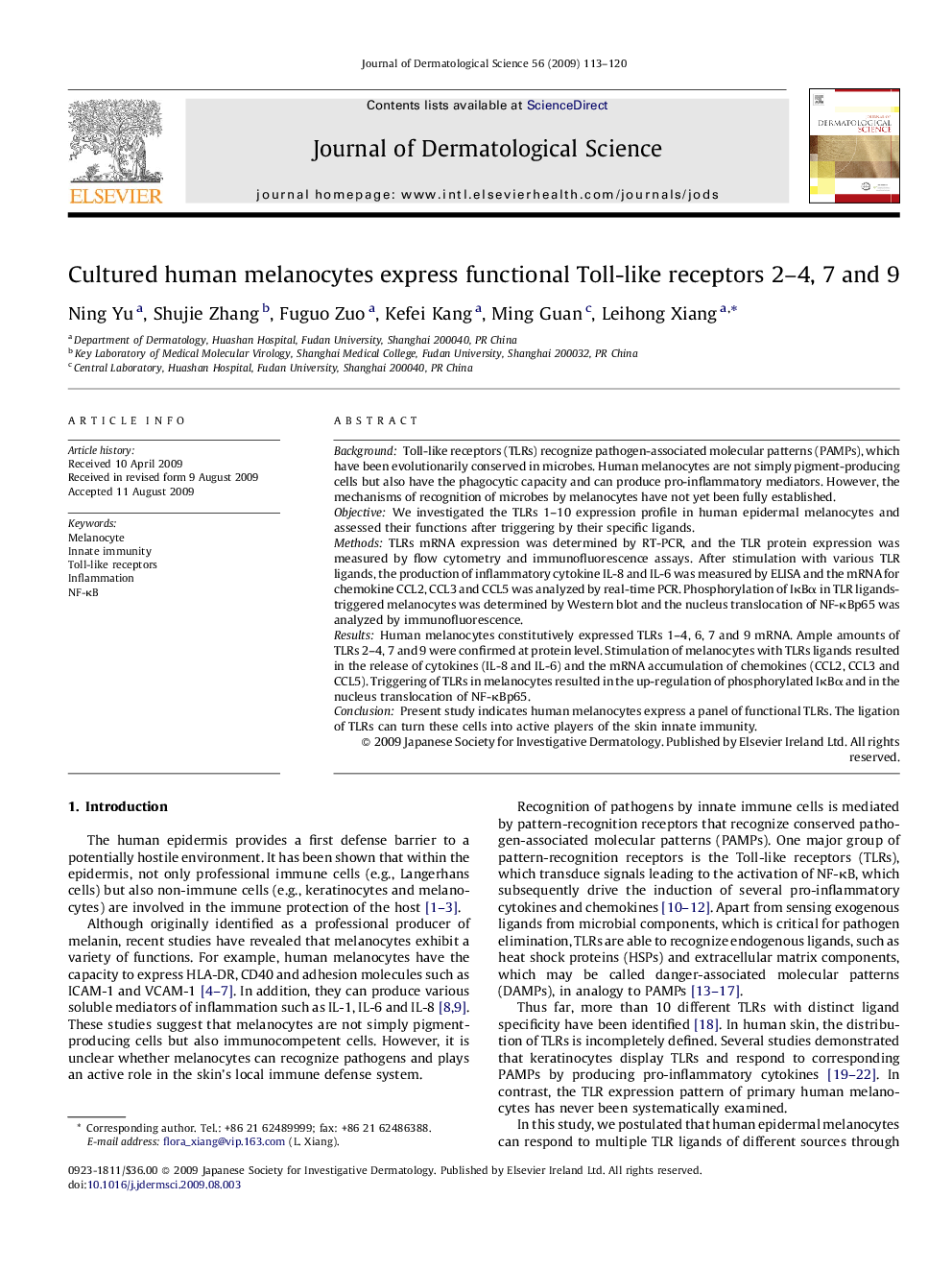 Cultured human melanocytes express functional Toll-like receptors 2–4, 7 and 9