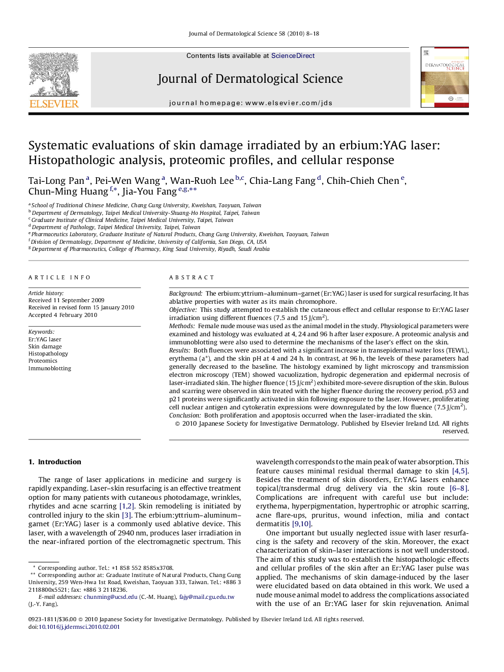 Systematic evaluations of skin damage irradiated by an erbium:YAG laser: Histopathologic analysis, proteomic profiles, and cellular response