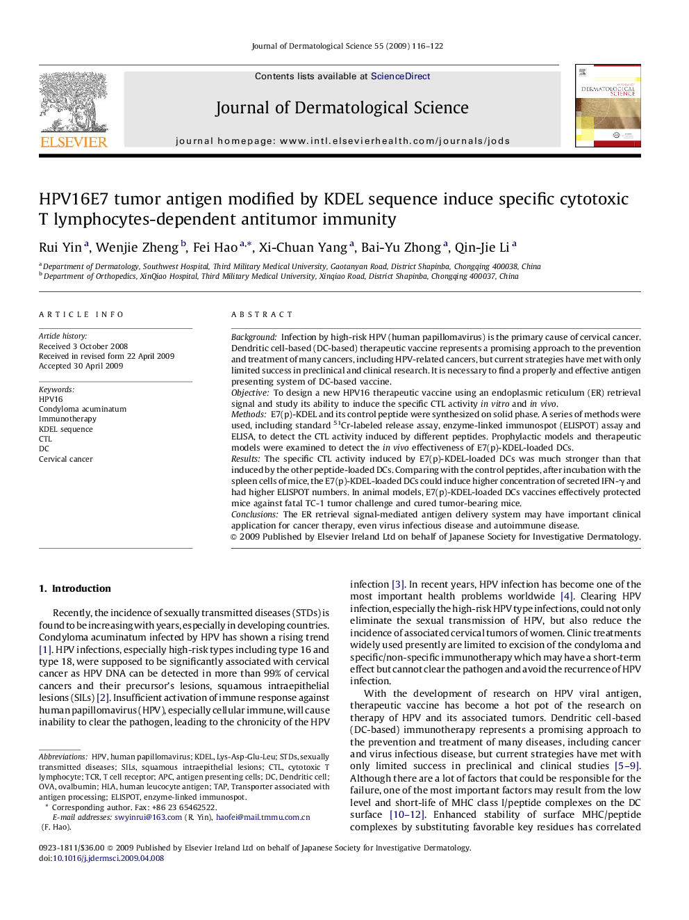 HPV16E7 tumor antigen modified by KDEL sequence induce specific cytotoxic T lymphocytes-dependent antitumor immunity