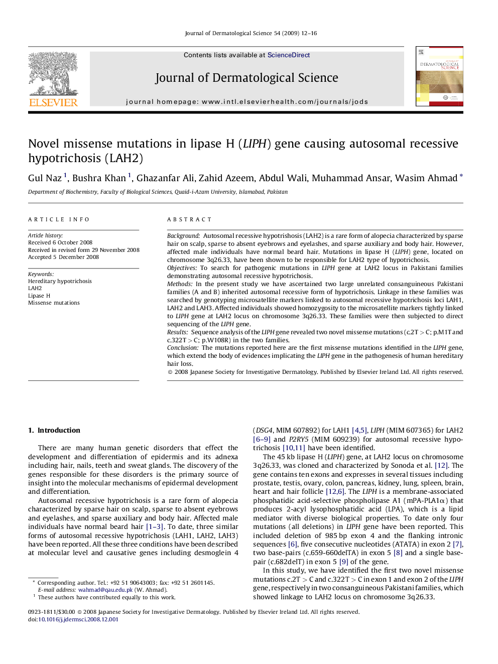 Novel missense mutations in lipase H (LIPH) gene causing autosomal recessive hypotrichosis (LAH2)