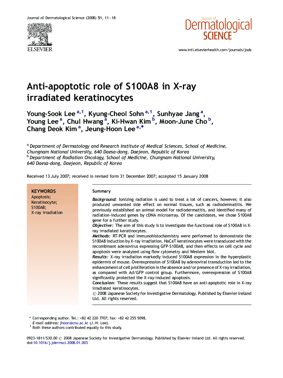 Anti-apoptotic role of S100A8 in X-ray irradiated keratinocytes