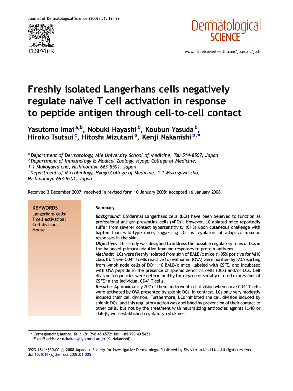 Freshly isolated Langerhans cells negatively regulate naïve T cell activation in response to peptide antigen through cell-to-cell contact