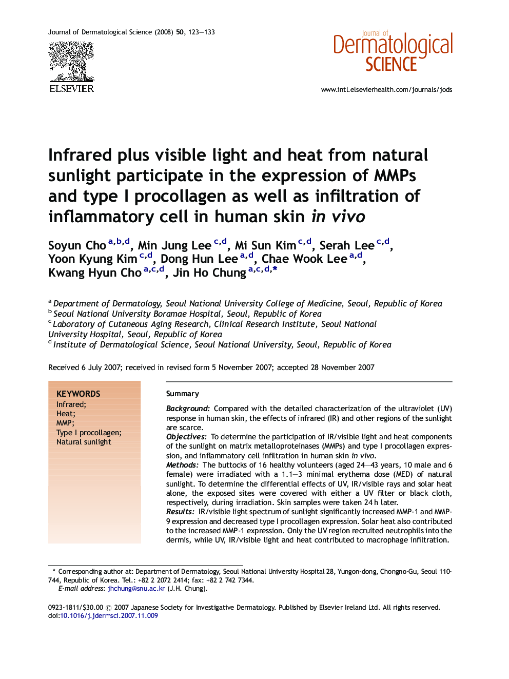 Infrared plus visible light and heat from natural sunlight participate in the expression of MMPs and type I procollagen as well as infiltration of inflammatory cell in human skin in vivo