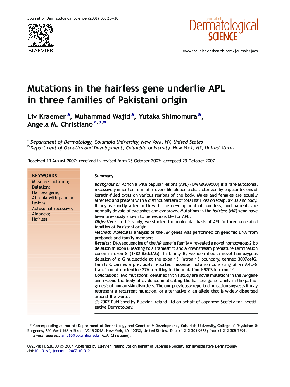 Mutations in the hairless gene underlie APL in three families of Pakistani origin