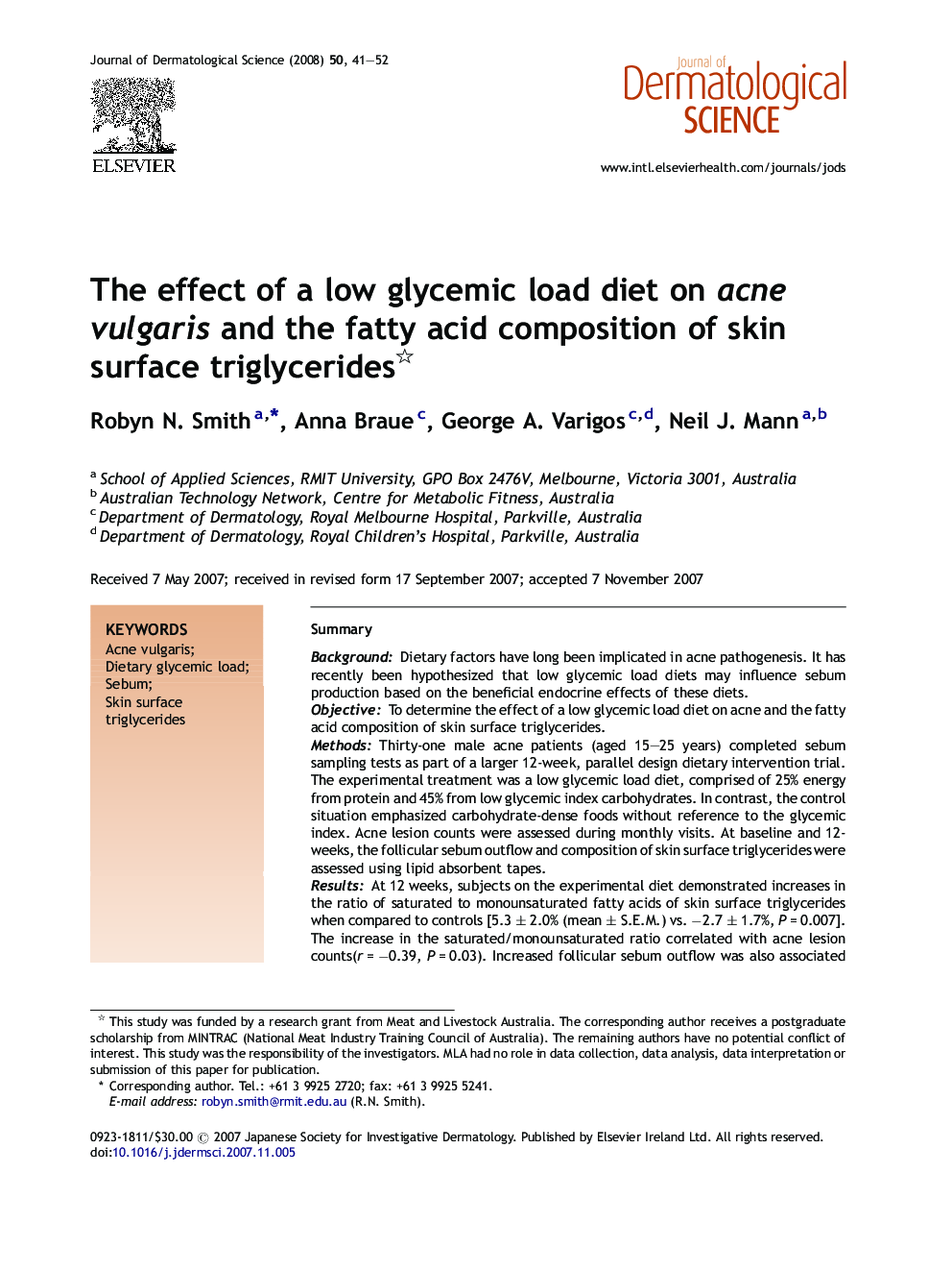 The effect of a low glycemic load diet on acne vulgaris and the fatty acid composition of skin surface triglycerides 