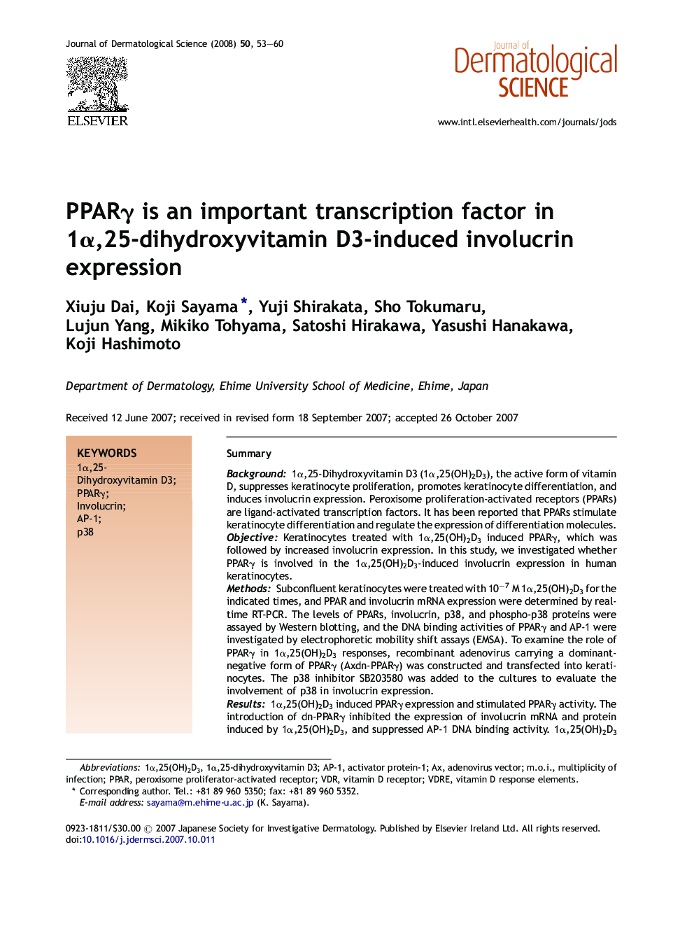 PPARγ is an important transcription factor in 1α,25-dihydroxyvitamin D3-induced involucrin expression