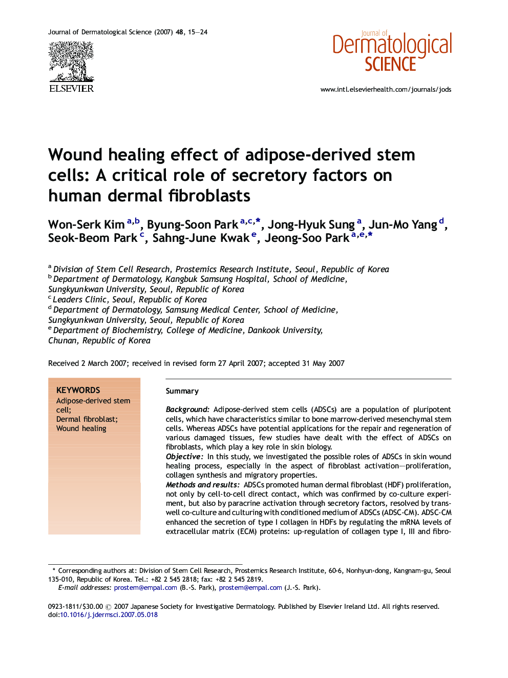 Wound healing effect of adipose-derived stem cells: A critical role of secretory factors on human dermal fibroblasts