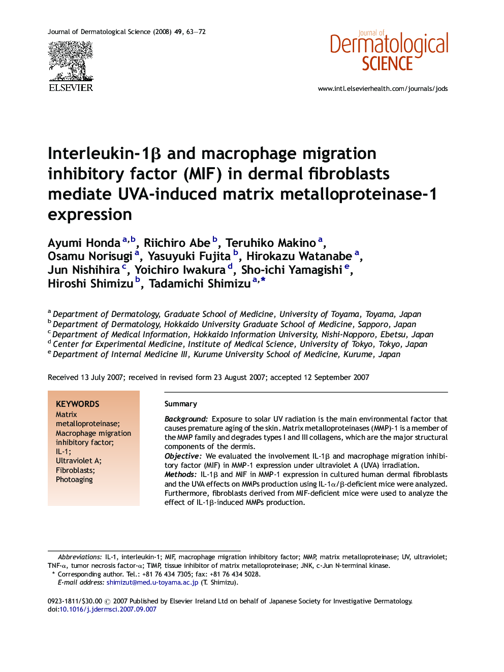 Interleukin-1β and macrophage migration inhibitory factor (MIF) in dermal fibroblasts mediate UVA-induced matrix metalloproteinase-1 expression