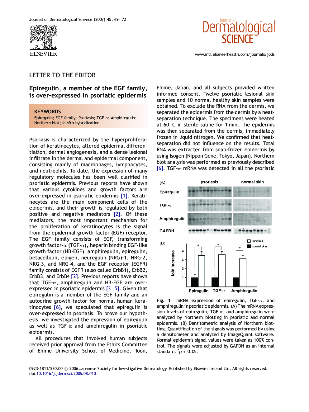 Epiregulin, a member of the EGF family, is over-expressed in psoriatic epidermis