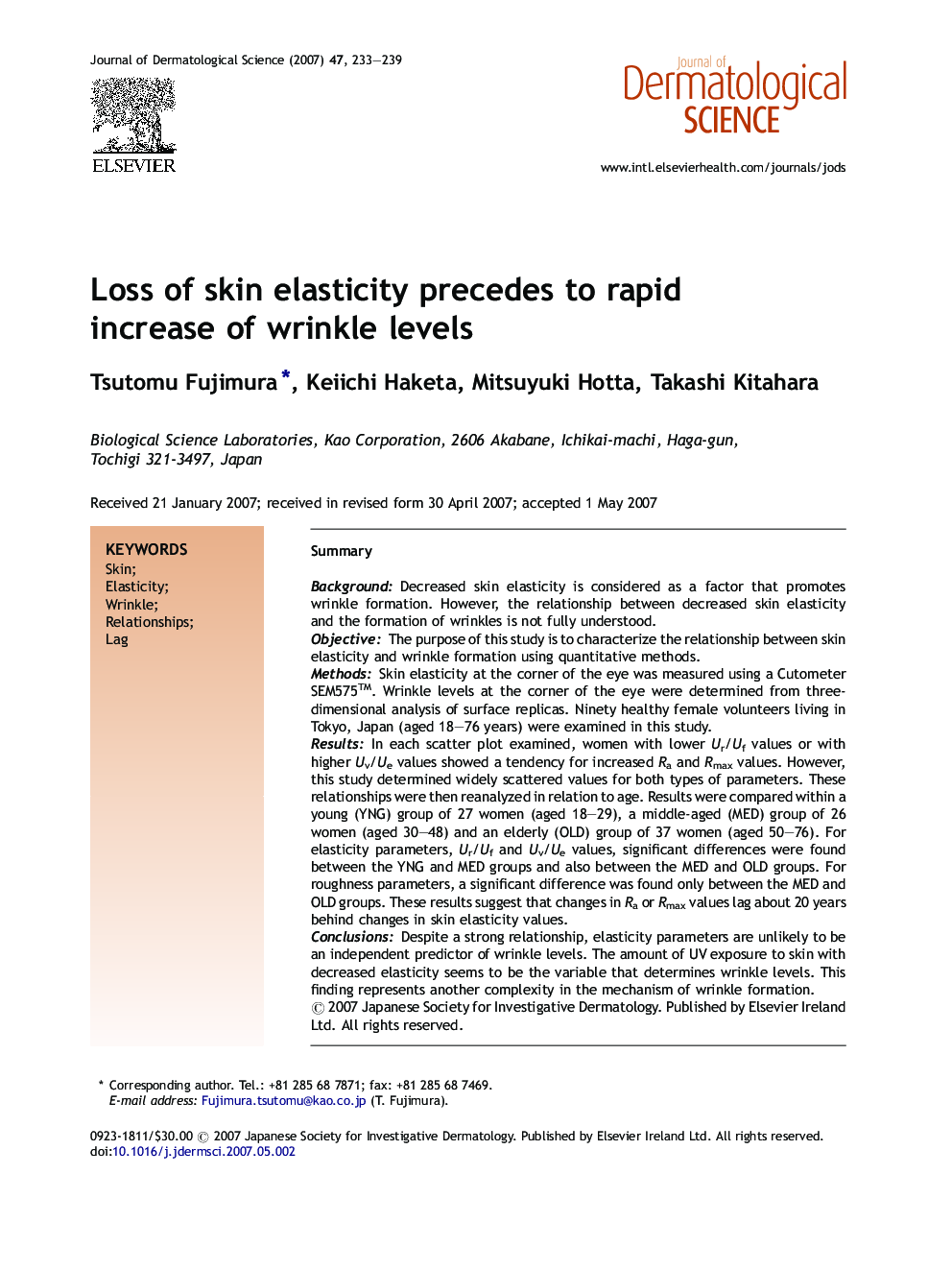 Loss of skin elasticity precedes to rapid increase of wrinkle levels