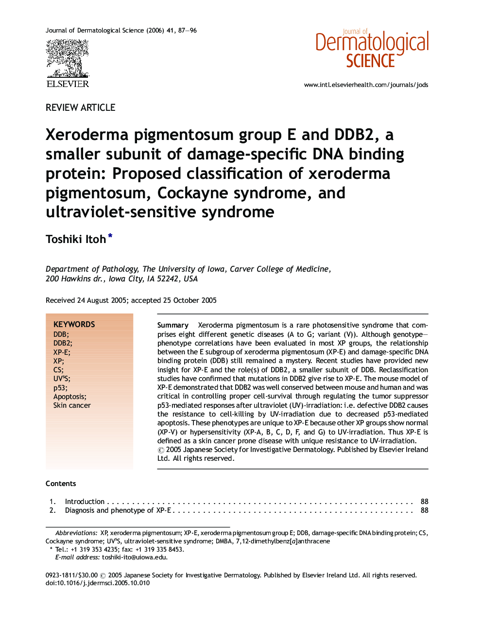 عکس صفحه اول مقاله: Xeroderma pigmentosum group E and DDB2, a smaller subunit of damage-specific DNA binding protein: Proposed classification of xeroderma pigmentosum, Cockayne syndrome, and ultraviolet-sensitive syndrome Xeroderma pigmentosum group E and DDB2, a smaller subunit of damage-specific DNA binding protein: Proposed classification of xeroderma pigmentosum, Cockayne syndrome, and ultraviolet-sensitive syndrome