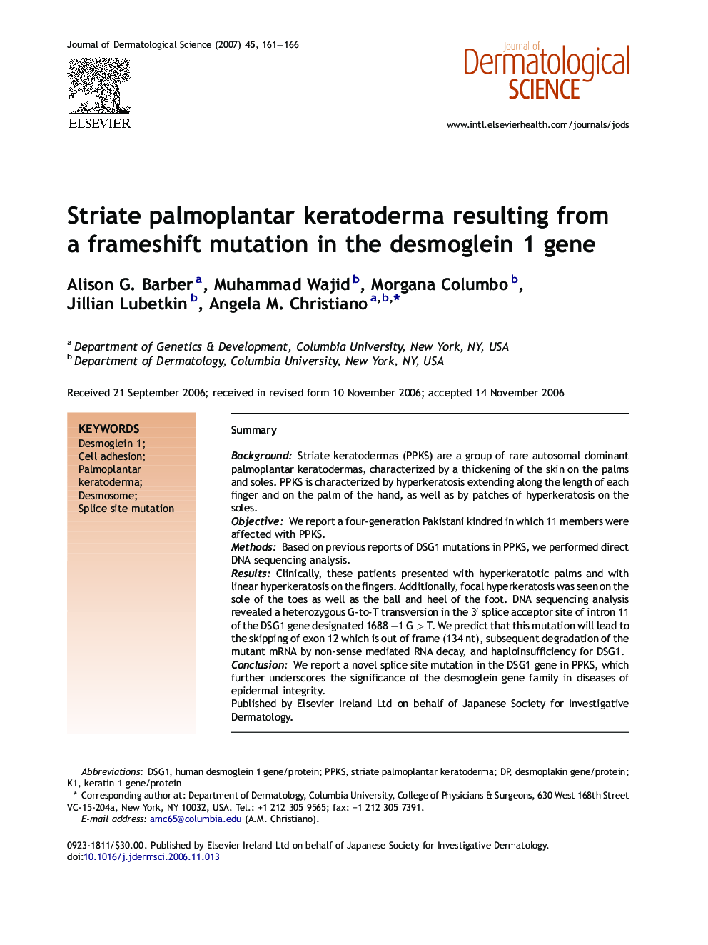 Striate palmoplantar keratoderma resulting from a frameshift mutation in the desmoglein 1 gene