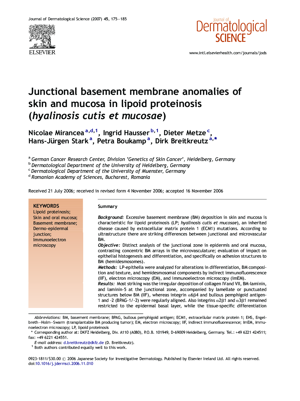 Junctional basement membrane anomalies of skin and mucosa in lipoid proteinosis (hyalinosis cutis et mucosae)