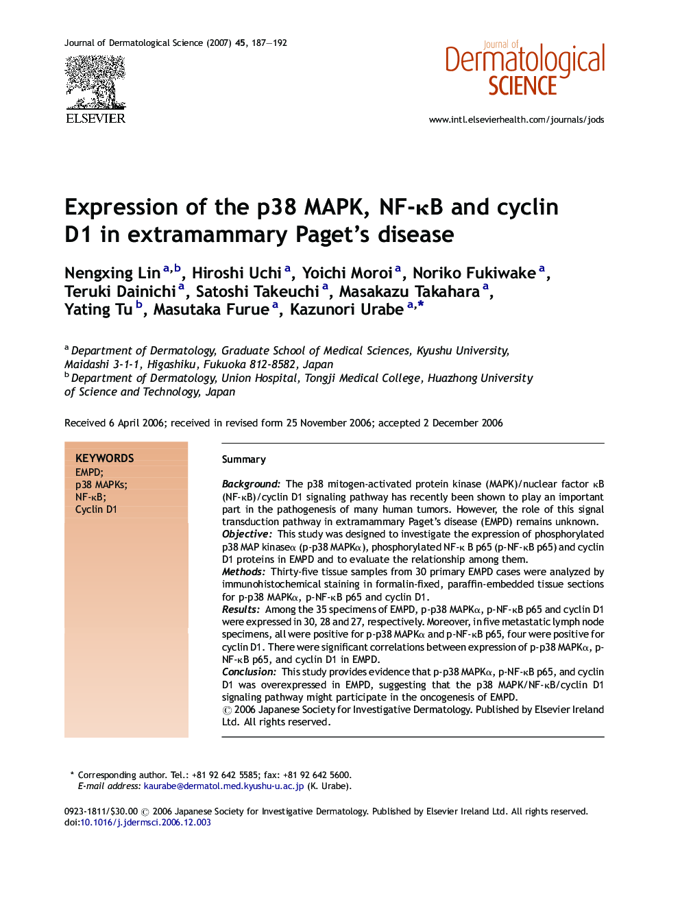Expression of the p38 MAPK, NF-ÎºB and cyclin D1 in extramammary Paget's disease