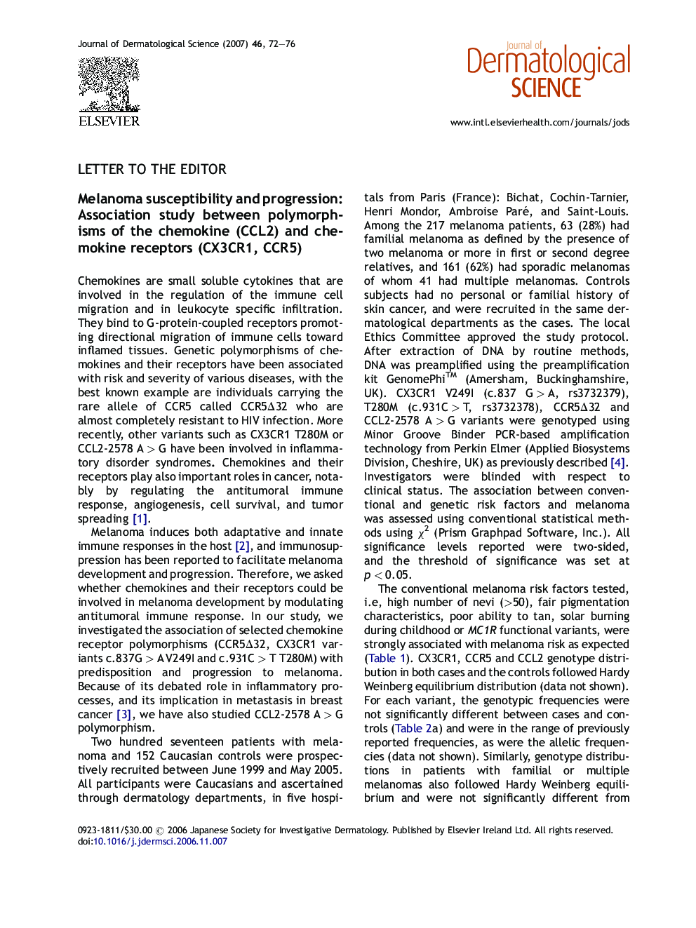 Melanoma susceptibility and progression: Association study between polymorphisms of the chemokine (CCL2) and chemokine receptors (CX3CR1, CCR5)