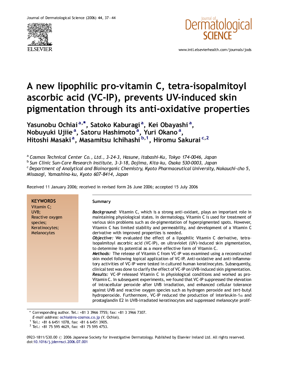 A new lipophilic pro-vitamin C, tetra-isopalmitoyl ascorbic acid (VC-IP), prevents UV-induced skin pigmentation through its anti-oxidative properties