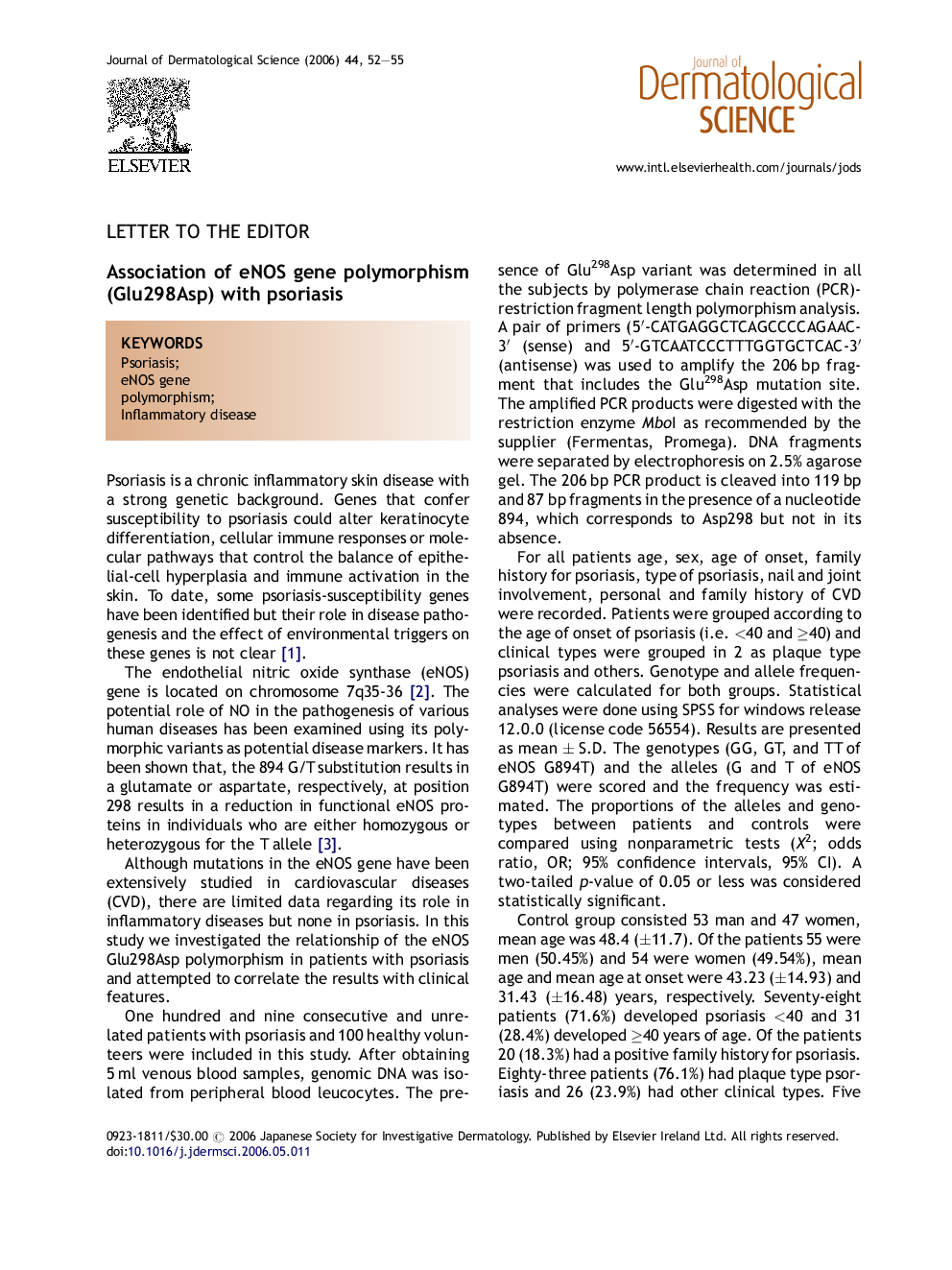 Association of eNOS gene polymorphism (Glu298Asp) with psoriasis