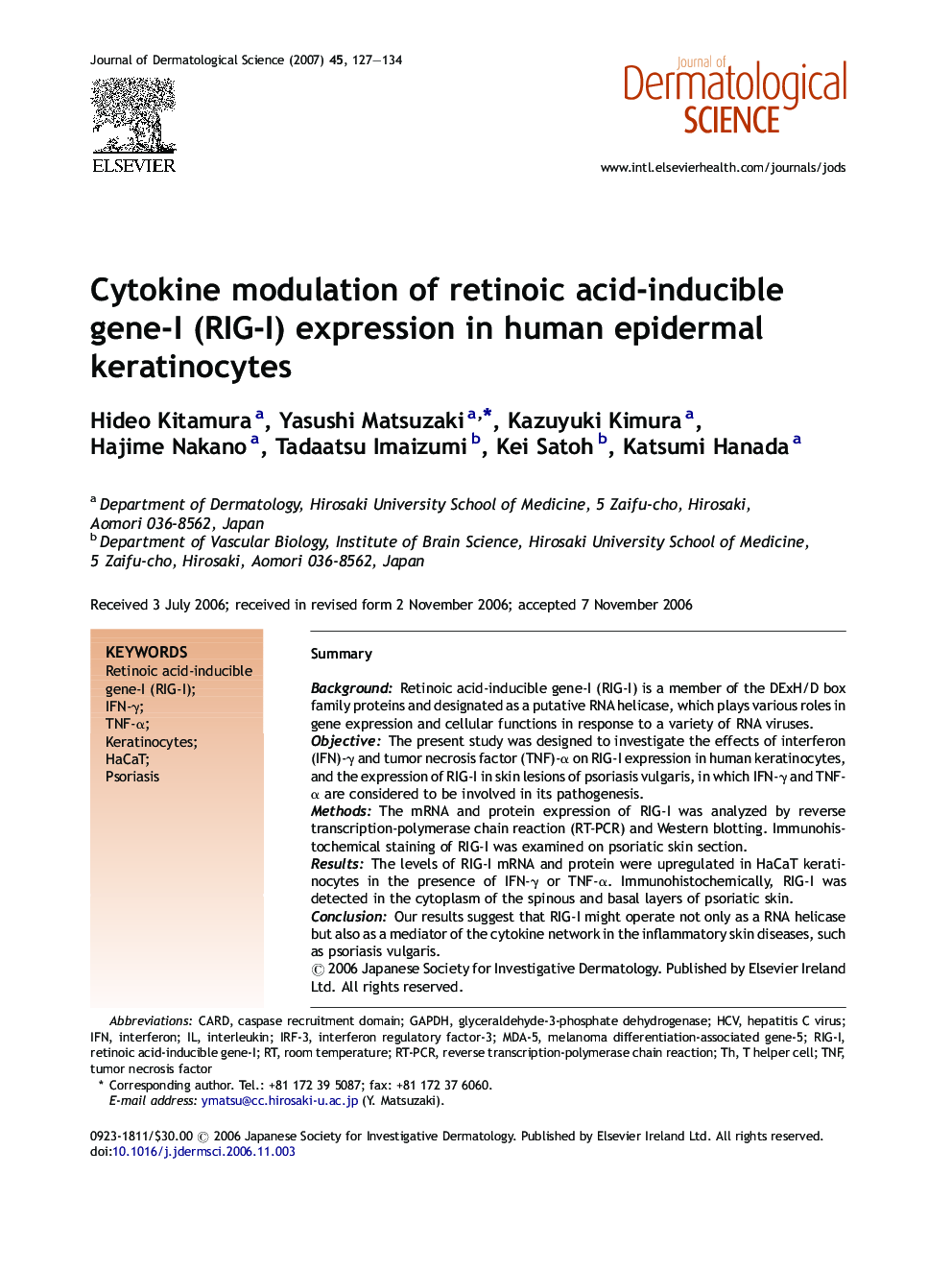 Cytokine modulation of retinoic acid-inducible gene-I (RIG-I) expression in human epidermal keratinocytes