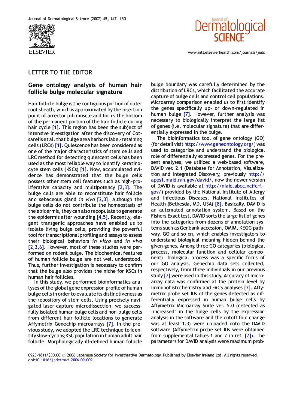 Gene ontology analysis of human hair follicle bulge molecular signature