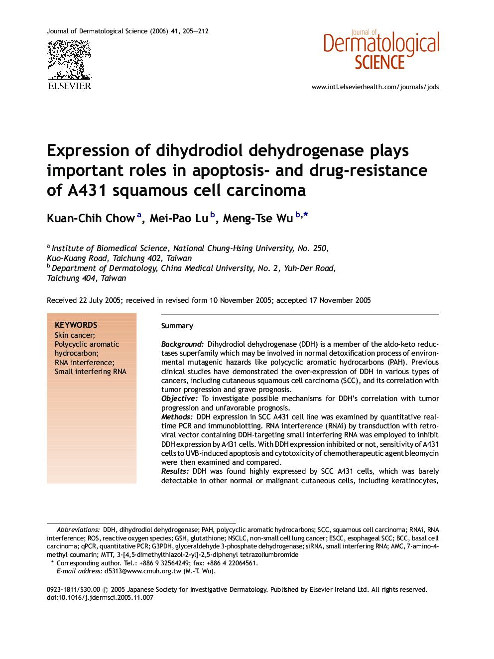 Expression of dihydrodiol dehydrogenase plays important roles in apoptosis- and drug-resistance of A431 squamous cell carcinoma