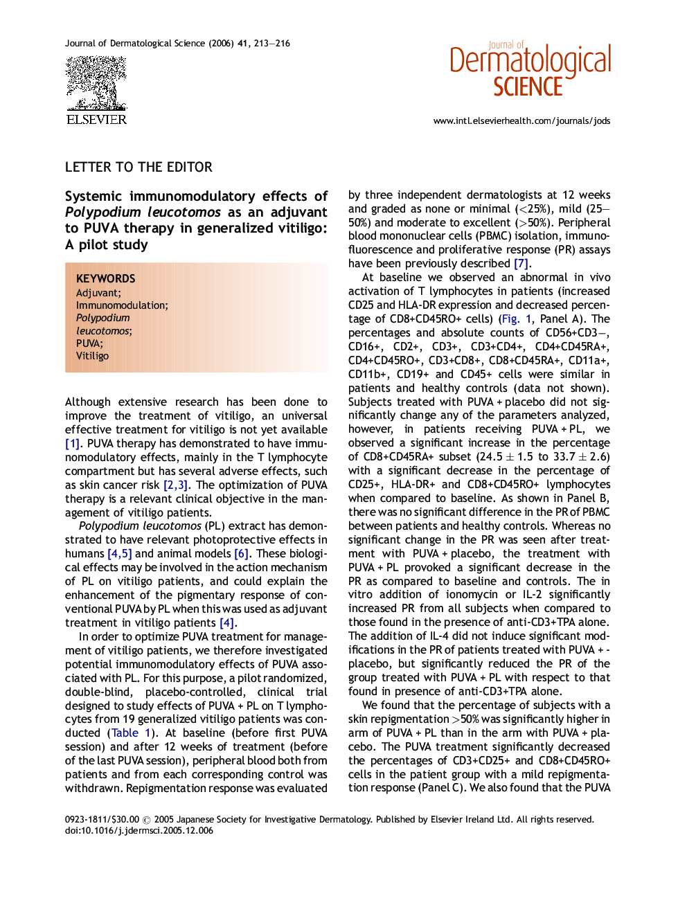 Systemic immunomodulatory effects of Polypodium leucotomos as an adjuvant to PUVA therapy in generalized vitiligo: A pilot study