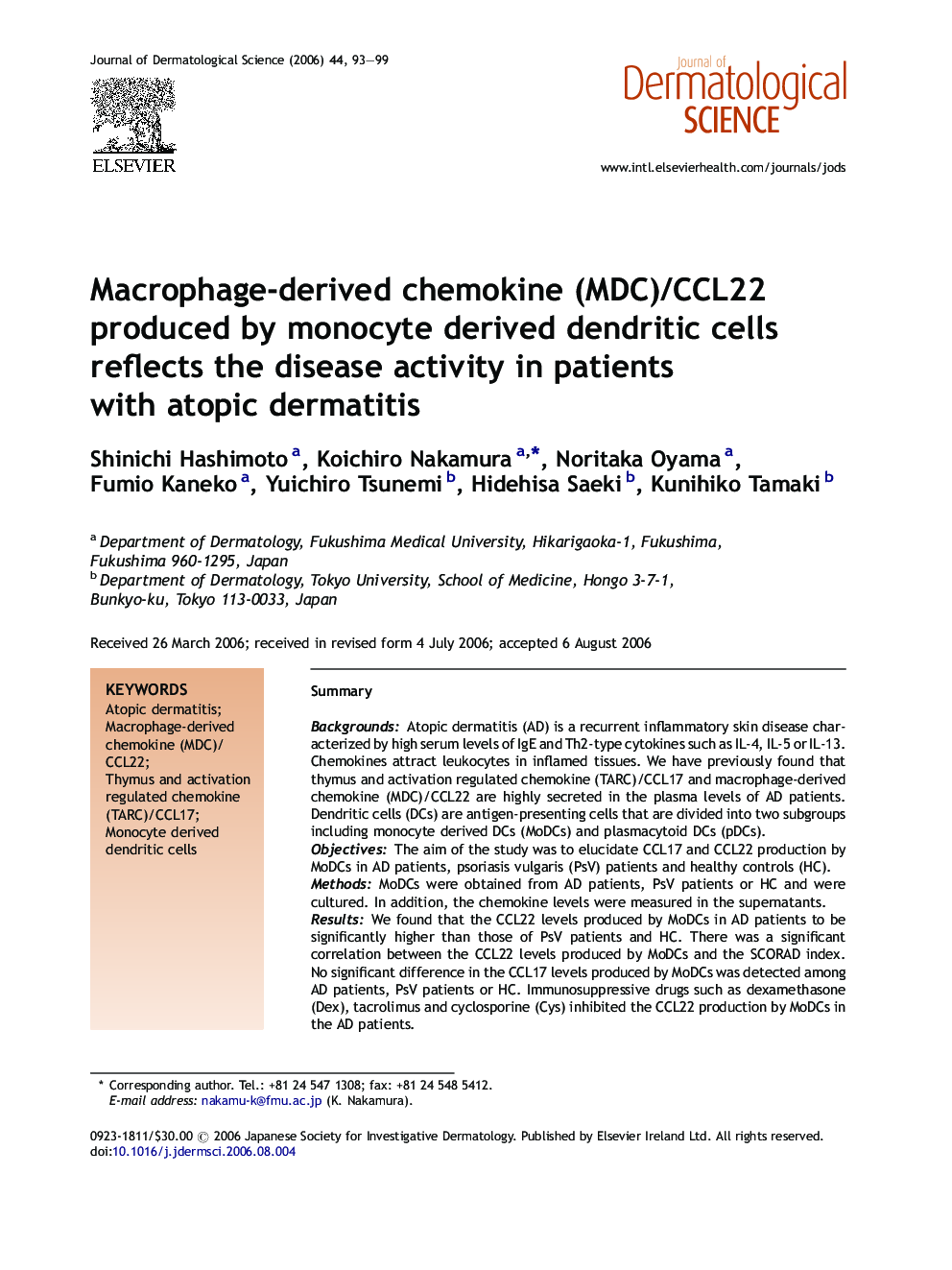 Macrophage-derived chemokine (MDC)/CCL22 produced by monocyte derived dendritic cells reflects the disease activity in patients with atopic dermatitis