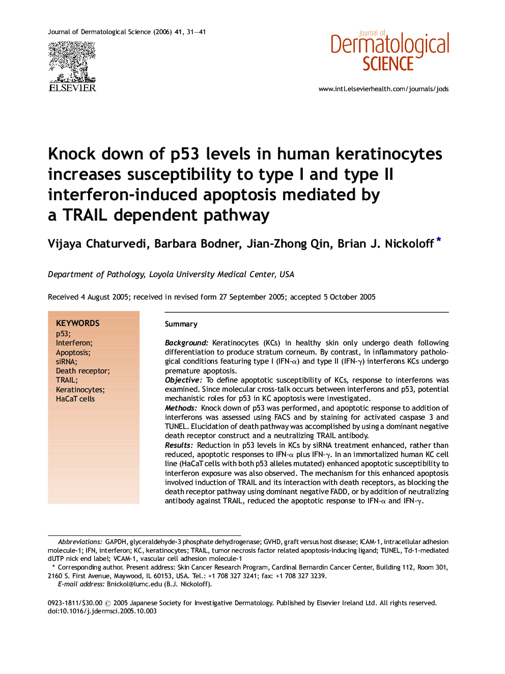 Knock down of p53 levels in human keratinocytes increases susceptibility to type I and type II interferon-induced apoptosis mediated by a TRAIL dependent pathway