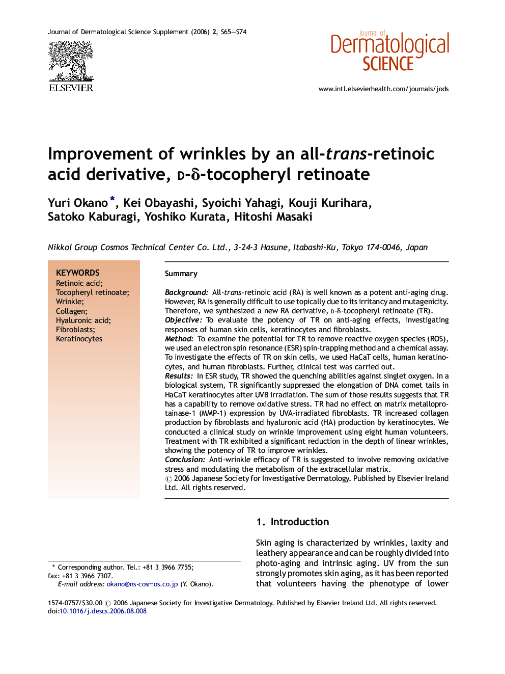 Improvement of wrinkles by an all-trans-retinoic acid derivative, d-δ-tocopheryl retinoate